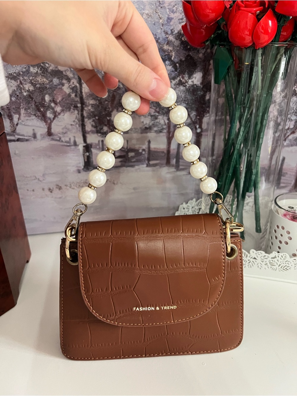 Brown Croc-Embossed Mini Bag with Pearl Handle
